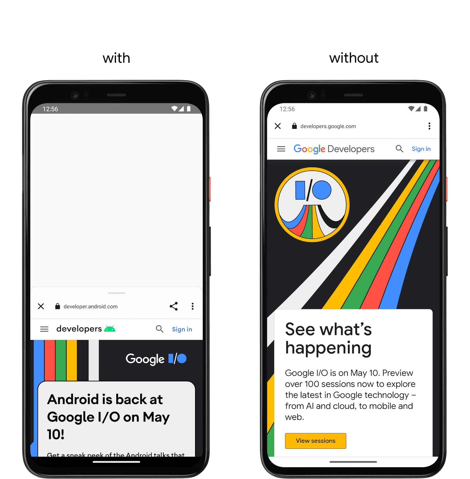 A sinistra, uno smartphone che mostra un'app che utilizza setInitialActivityHeightPx() e a destra un altro smartphone senza l'API