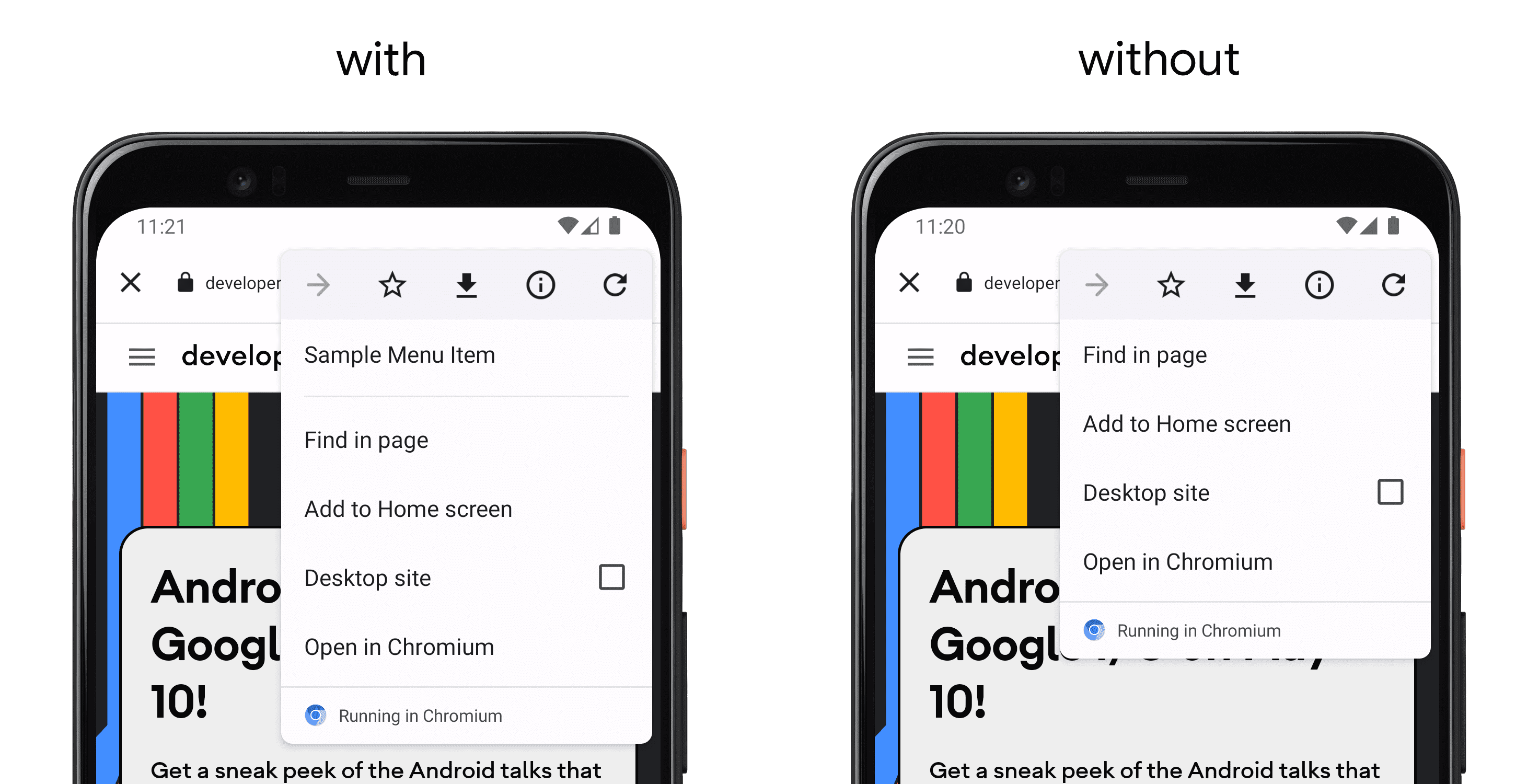 左侧是一部显示使用 addMenuItem() 的应用的手机，右侧是一部未使用 API 的另一部手机