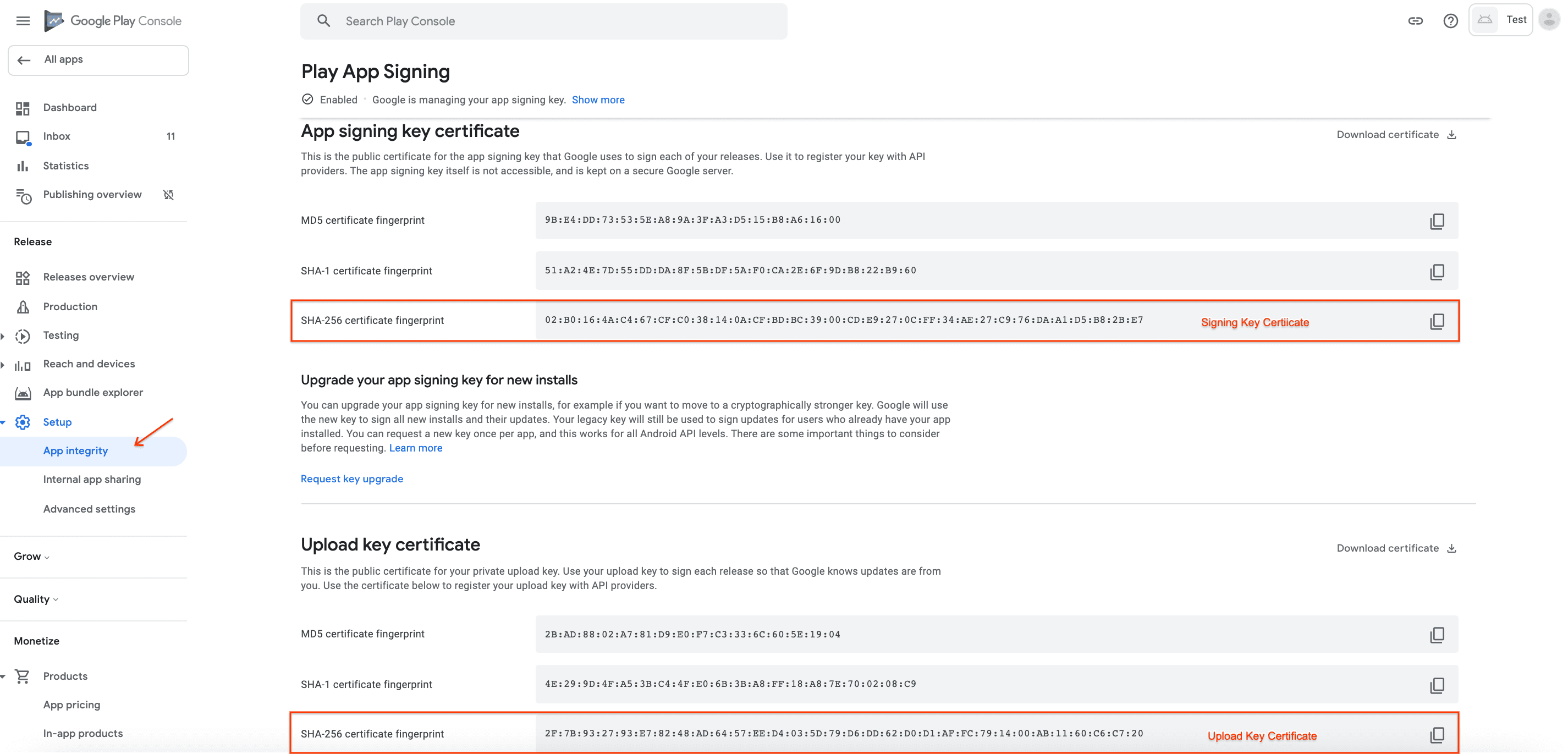 Recuperar a impressão digital do certificado SHA256 apropriada para sua chave de upload ou assinatura