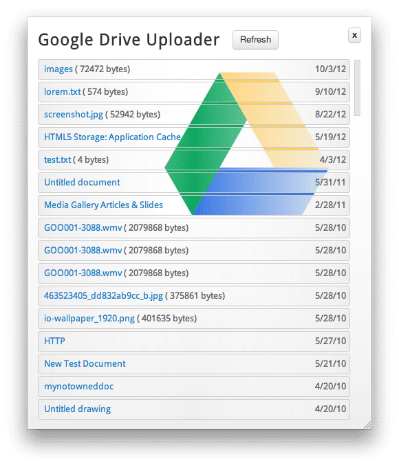 Lista de archivos recuperada en Google Drive Uploader