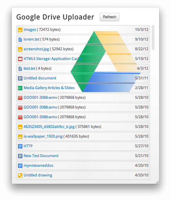 Google Drive Uploader with file icons