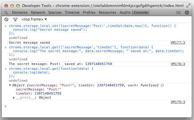 Chrome.storage hata ayıklamak için Console&#39;u kullanma