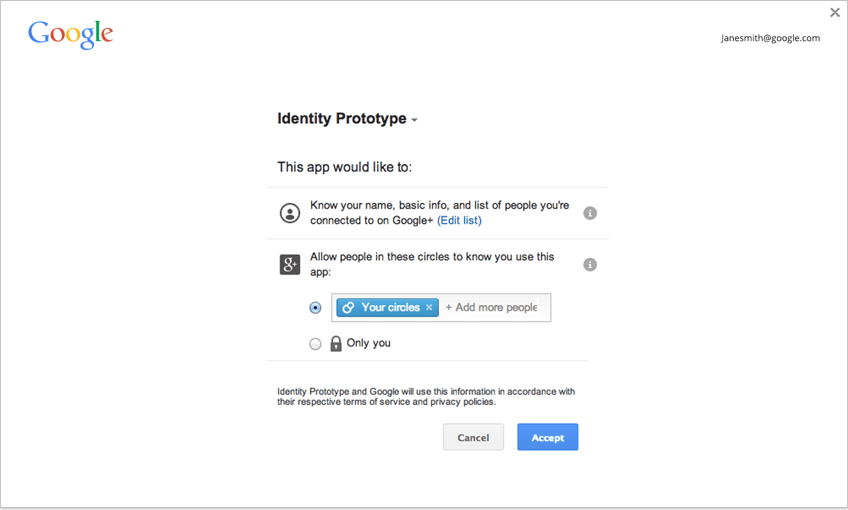 Screenshot che mostra l&#39;interfaccia utente quando un&#39;app utilizza l&#39;API Identity per autenticare un Account Google