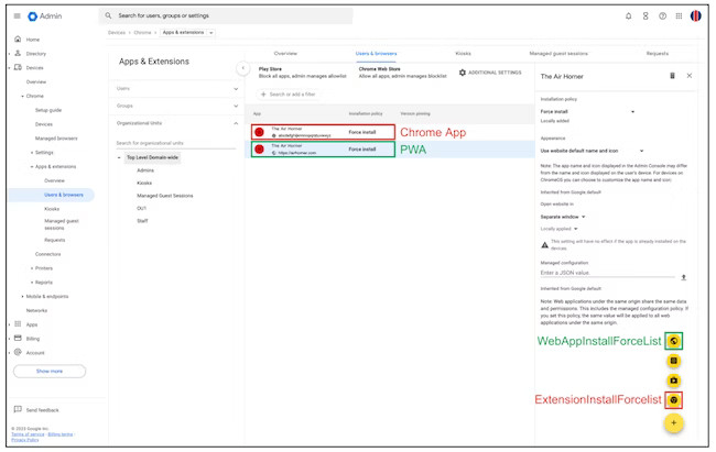 Erweiterung für die Admin-Konsole und Richtlinie für die erzwungene Installation von Web-Apps.