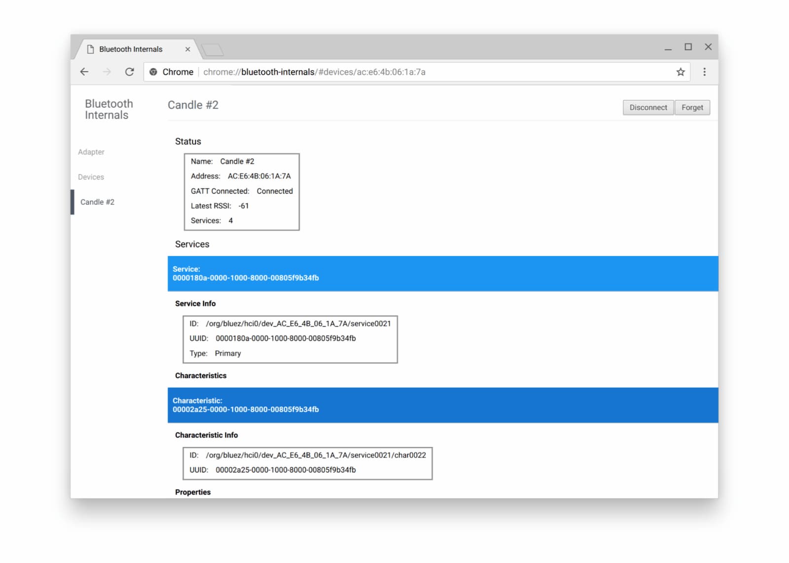 Chrome&#39;da Bluetooth hatalarını ayıklamak için kullanılan dahili sayfanın ekran görüntüsü