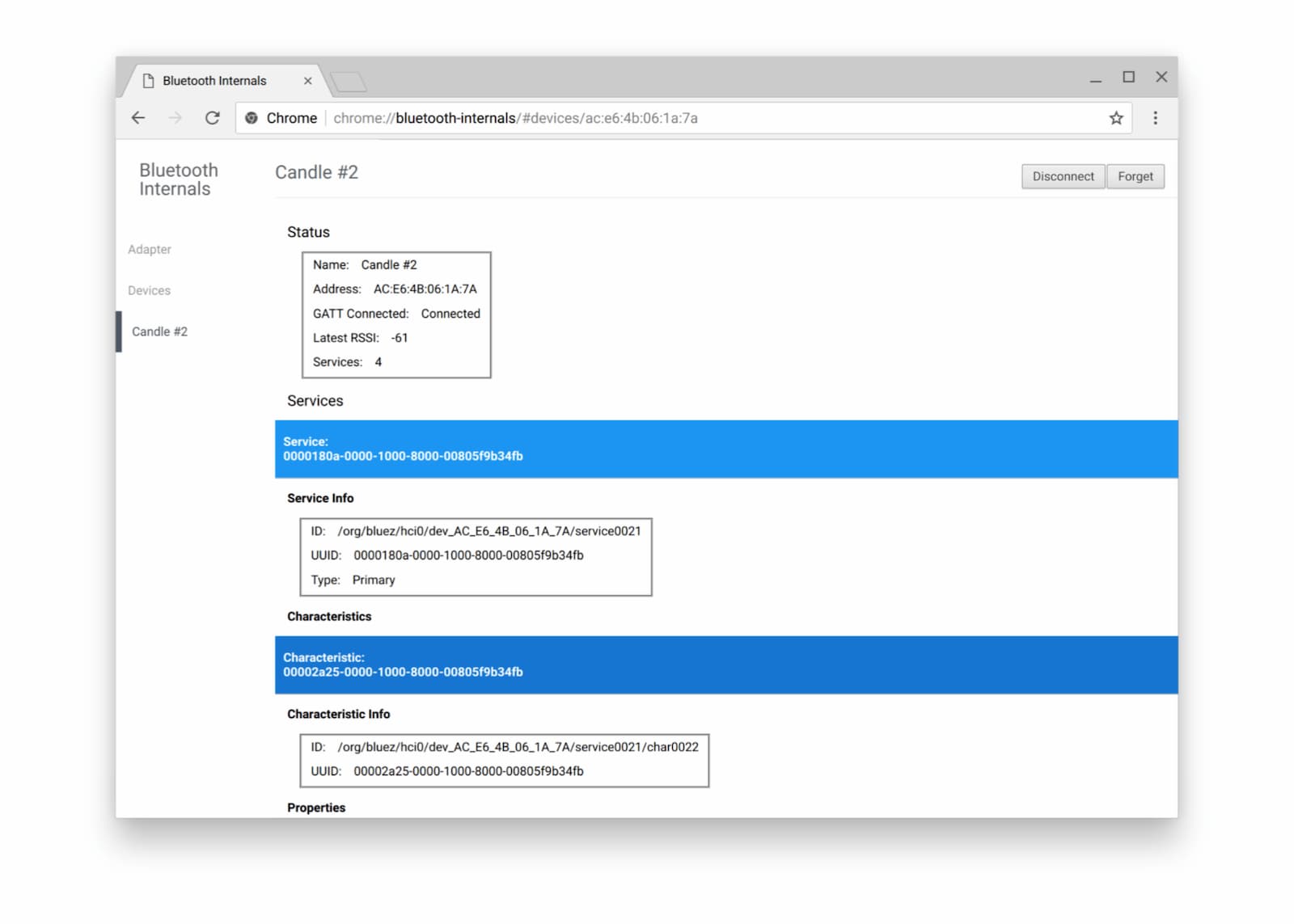 Screenshot halaman internal untuk men-debug Bluetooth di Chrome