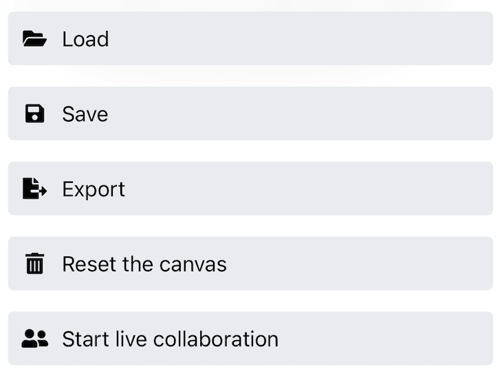 Toolbar aplikasi Excalidraw di iPhone hanya dengan &#39;Save&#39; tombol.