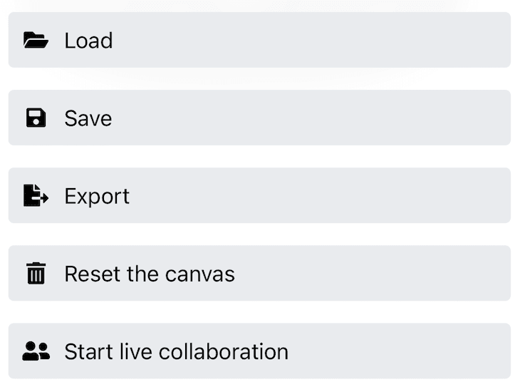 在 iPhone 上透過「儲存」按鈕執行 Excalidraw 應用程式工具列。