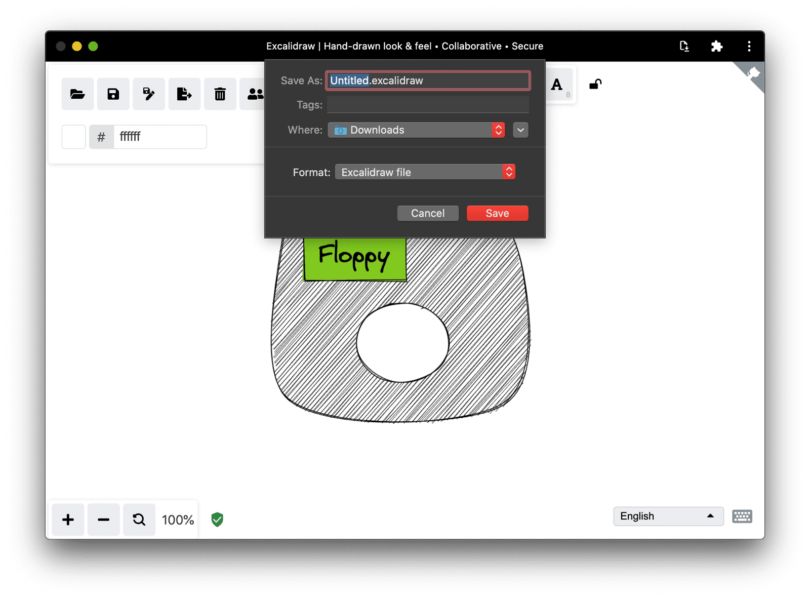 একটি নতুন Excalidraw অঙ্কন ফাইলে পরিবর্তনগুলি সংরক্ষণ করা হচ্ছে।