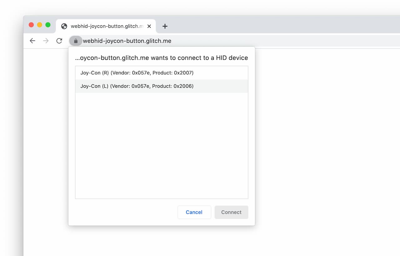 Captura de tela de um comando de dispositivo HID em um site.