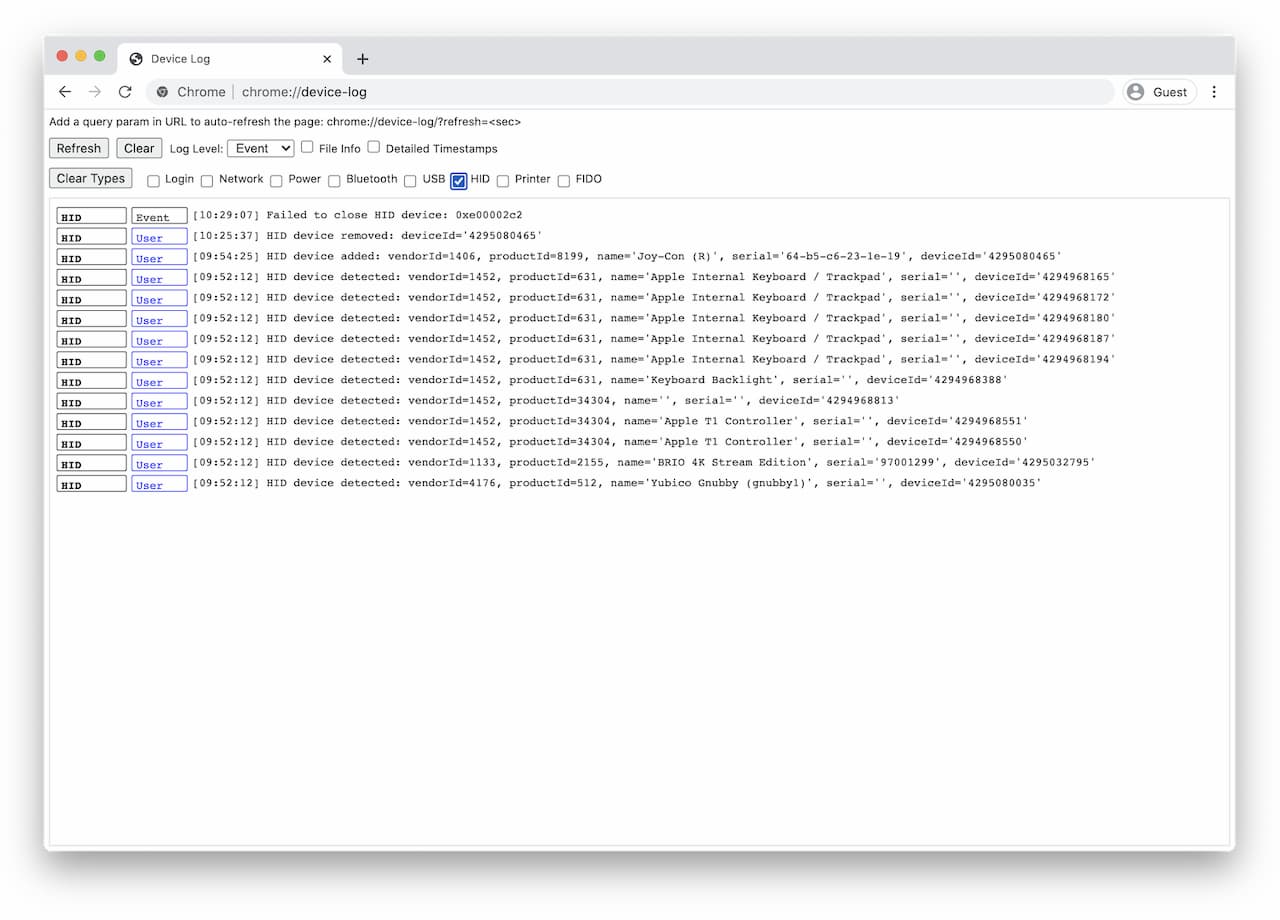 Capture d&#39;écran de la page interne pour déboguer HID.