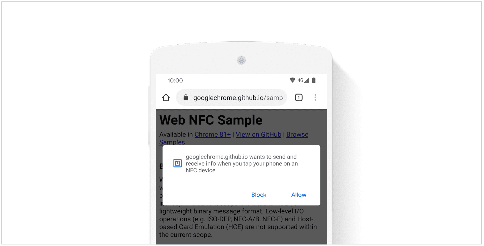 Screenshot of a Web NFC prompt on a website
