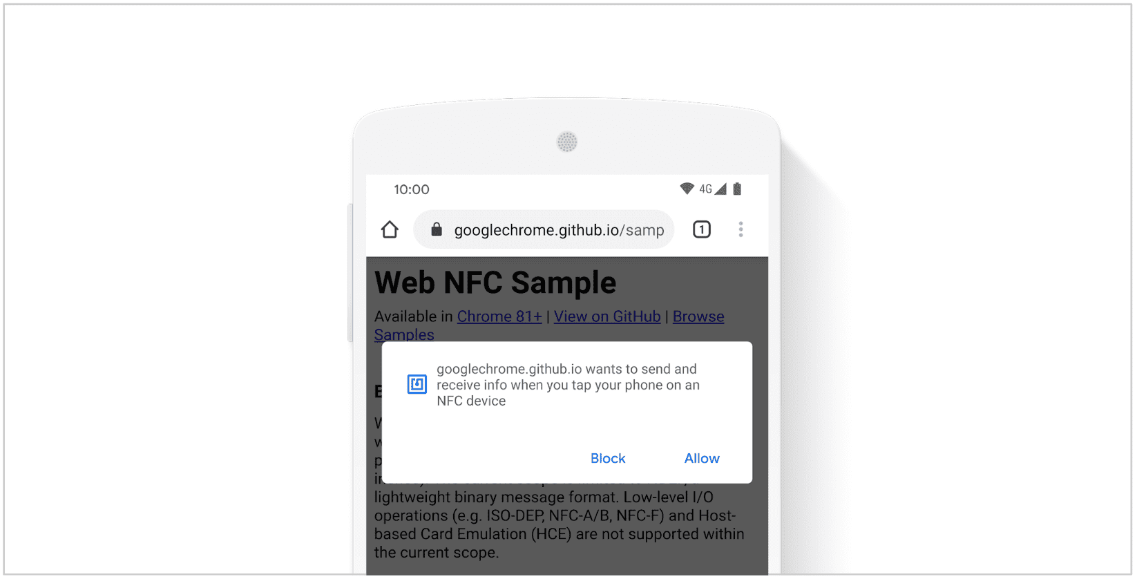 Captura de tela de uma solicitação de NFC para Web em um site