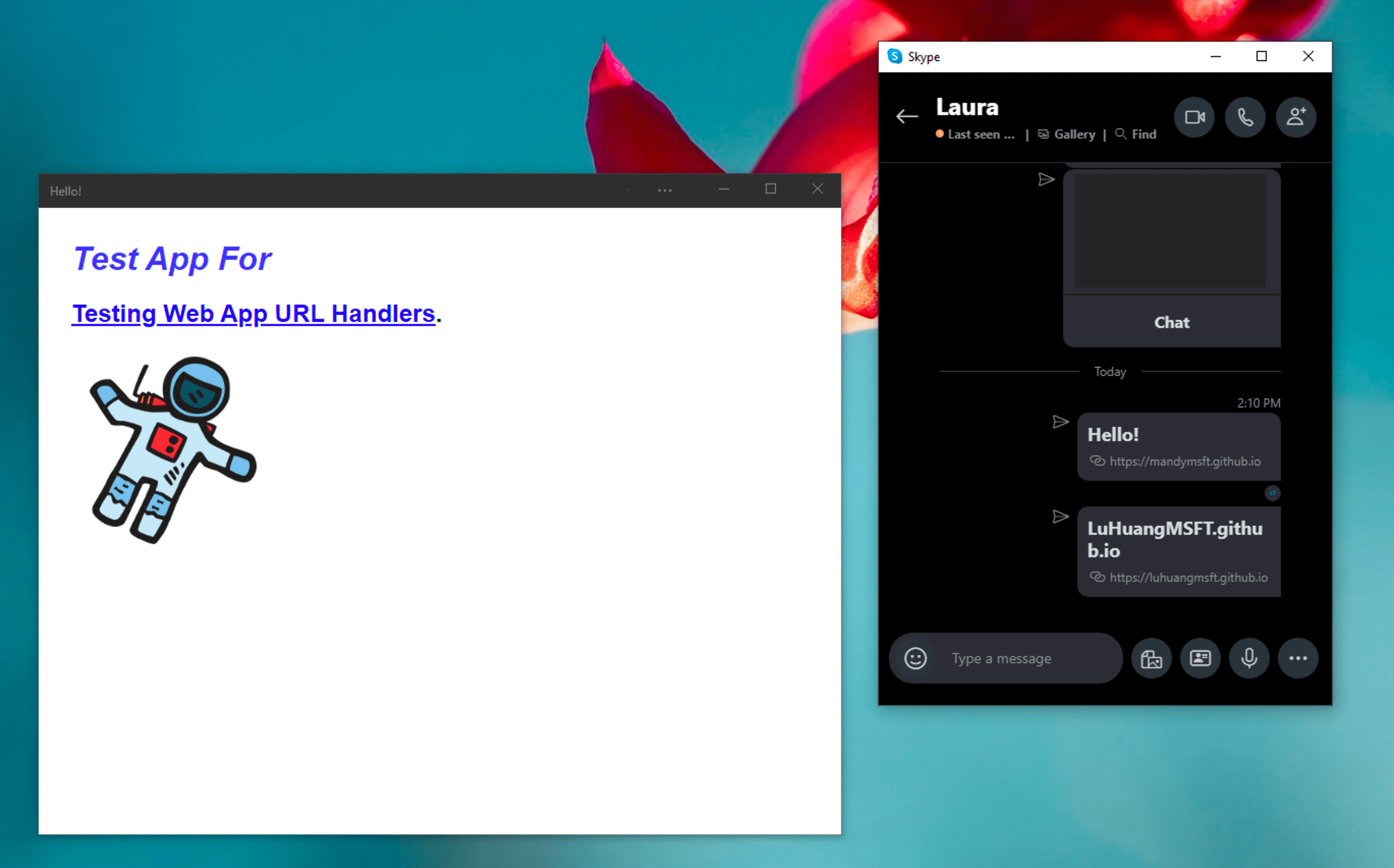 Application de chat Windows Skype à côté de la PWA de démonstration installée, qui s&#39;ouvre en mode autonome après avoir cliqué sur un lien géré par elle dans un message de chat Skype.