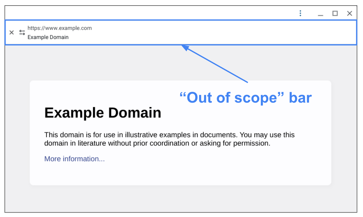 Fenêtre principale de la PWA avec la barre hors champ après avoir cliqué sur le lien hors champ.