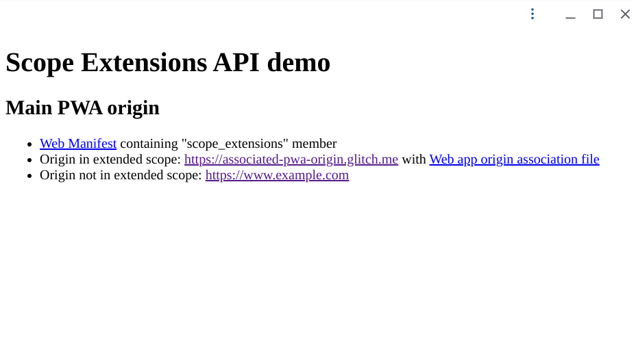इन स्कोप और एक्सटेंडेड स्कोप लिंक वाली मुख्य PWA विंडो.