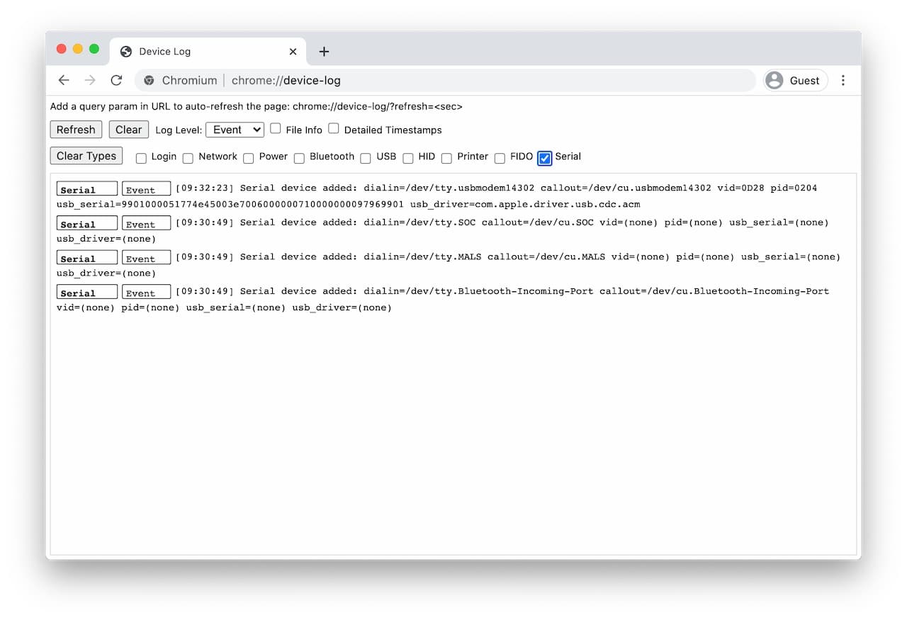 Schermafbeelding van de interne pagina voor het opsporen van fouten in de Web Serial API.