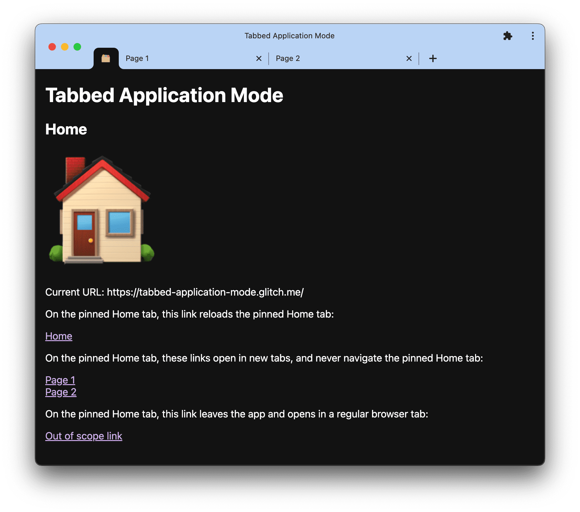 tabbed-application-mode.glitch.me पर, टैब वाले ऐप्लिकेशन मोड के डेमो का स्क्रीनशॉट.