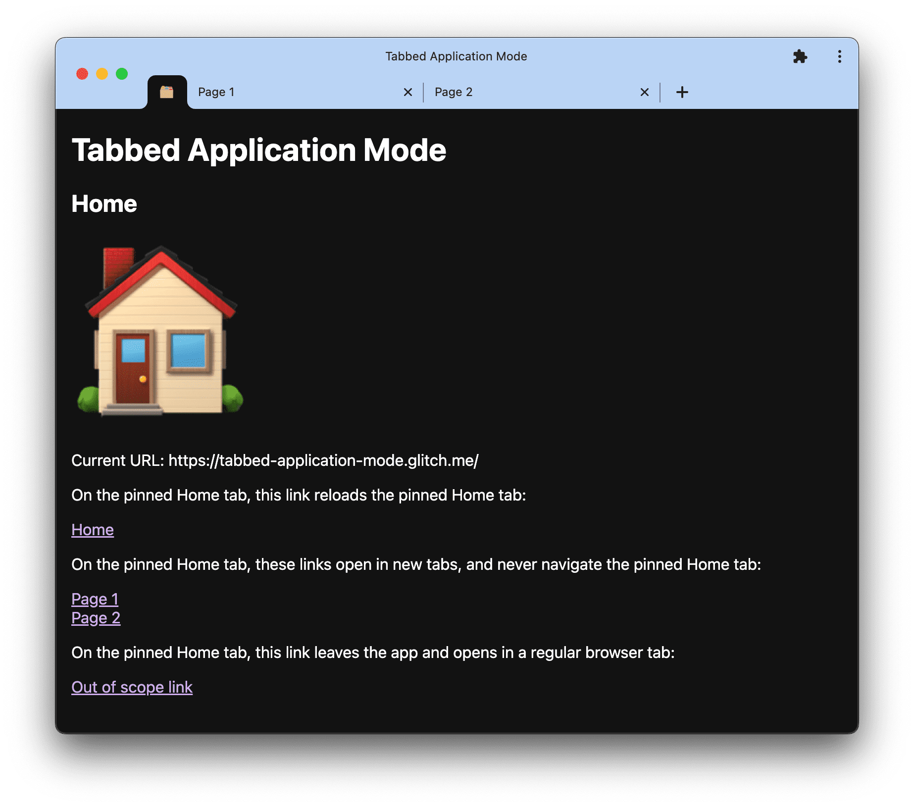 タブ付きアプリケーション モードのデモ。