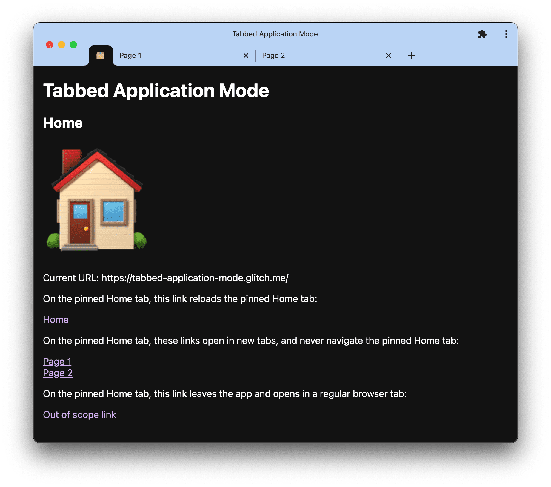 Zrzut ekranu pokazujący tryb aplikacji z kartami dostępny w pliku tabbed-application-mode.glitch.me.