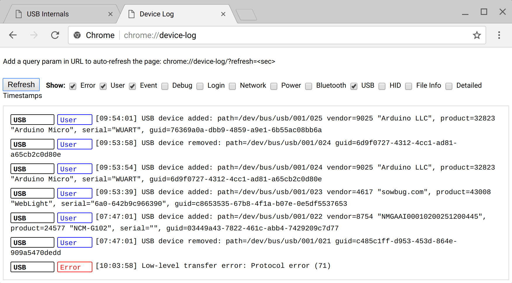 Screenshot der Geräteprotokollseite zum Debuggen von WebUSB in Chrome