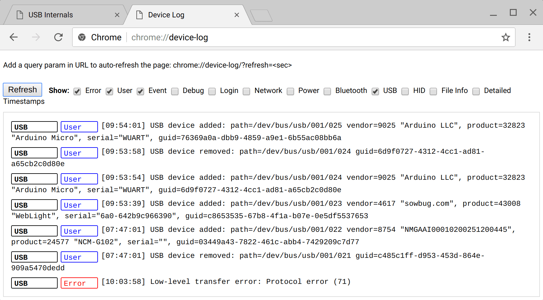 Captura de tela da página de registros do dispositivo para depurar o WebUSB no Chrome