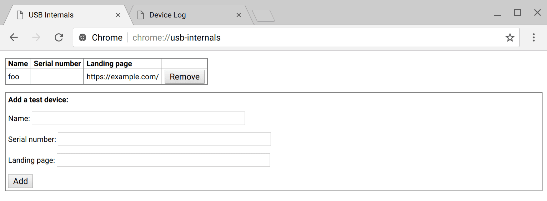 Schermafbeelding van de interne pagina voor het debuggen van WebUSB in Chrome