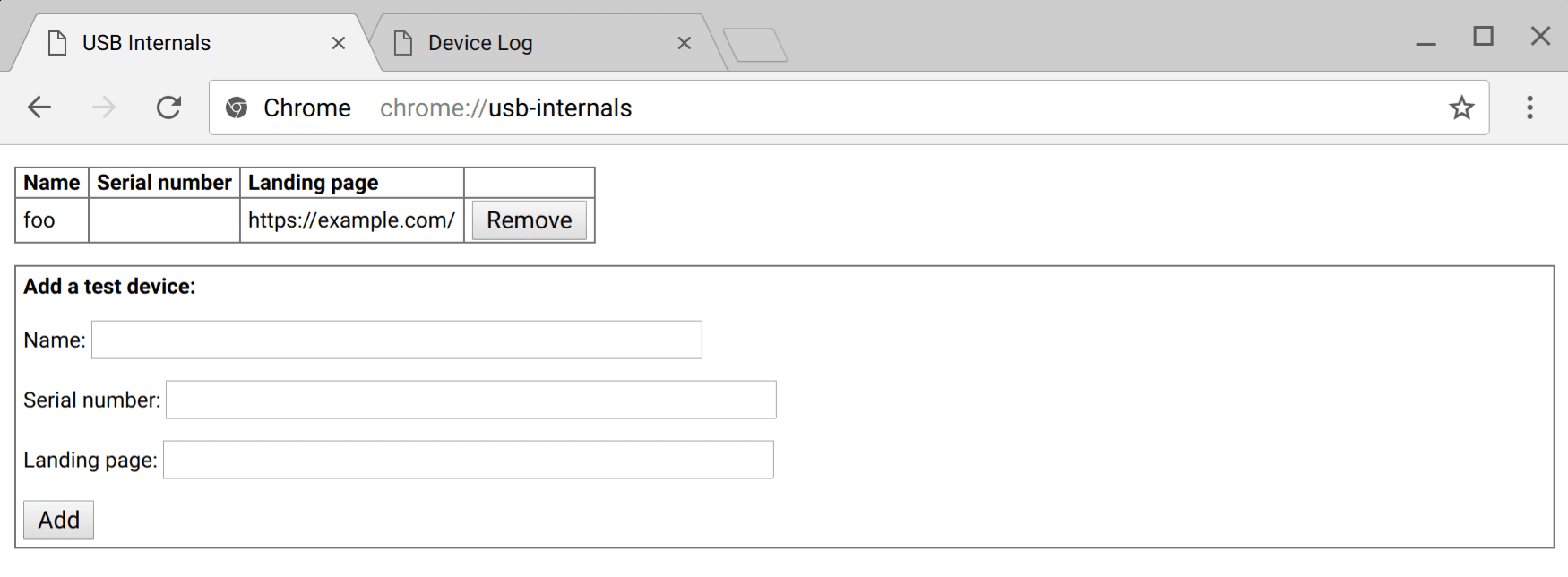 Captura de tela da página interna para depurar o WebUSB no Chrome