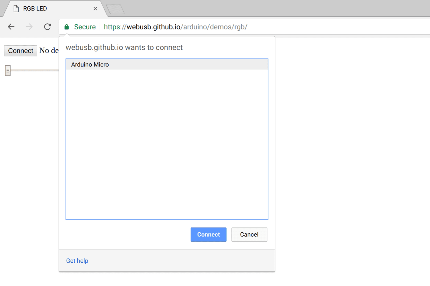 Screenshot der Nutzeraufforderung für USB-Geräte in Chrome