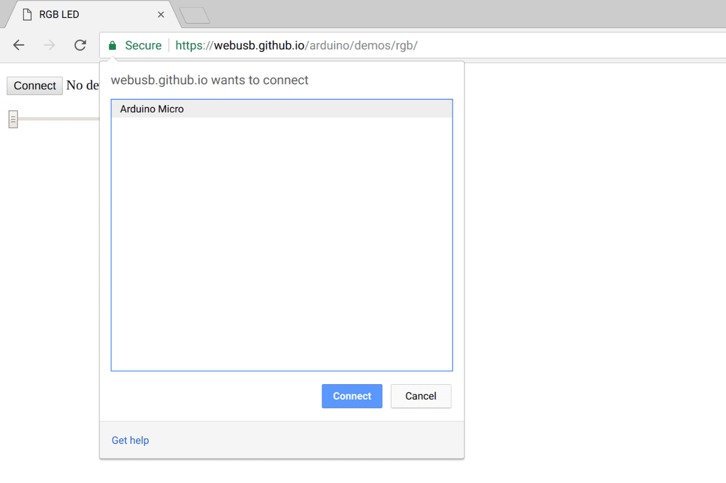 Screenshot della richiesta di un dispositivo USB in Chrome