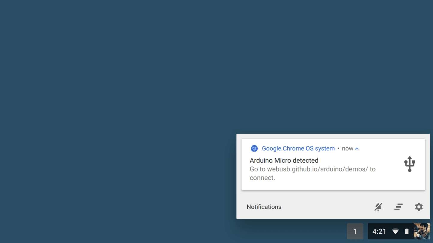 Captura de pantalla de la notificación de WebUSB en Chrome