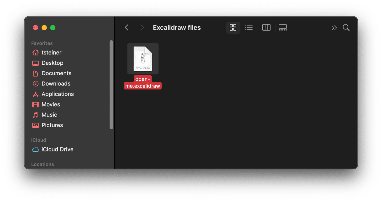 La ventana de Finder de macOS con un archivo de Excalidraw.