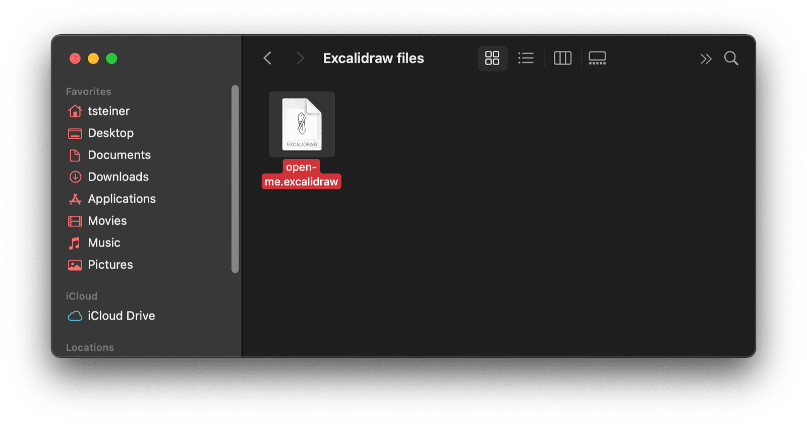 Janela do localizador do macOS com um arquivo do Excalidraw.