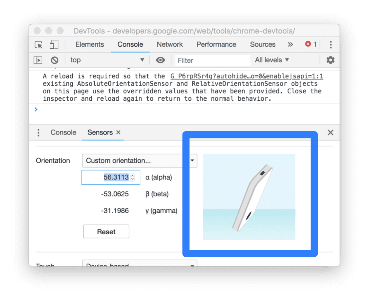 Chrome DevTools used to override the custom orientation data of a virtual phone