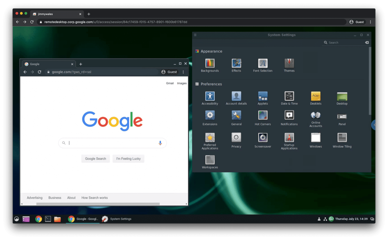 Ubuntu Linux, macOS Chrome'daki bir tarayıcı sekmesine aktarılır (henüz tam ekran modunda çalışmaz).
