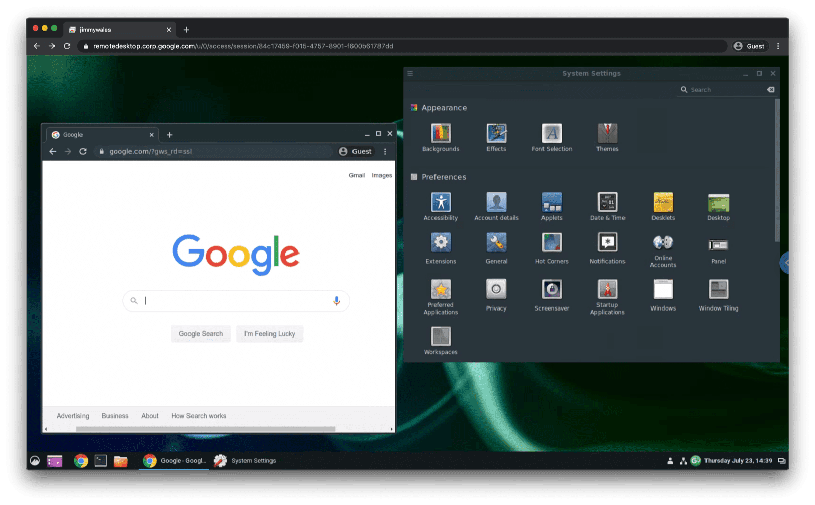 Ubuntu Linux di-streaming ke tab browser di macOS Chrome (belum berjalan dalam mode layar penuh).