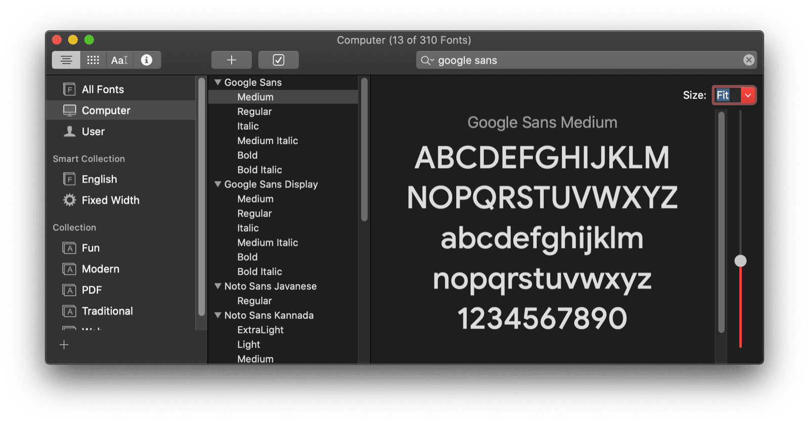 O app macOS Font Book mostrando uma visualização da fonte Google Sans.