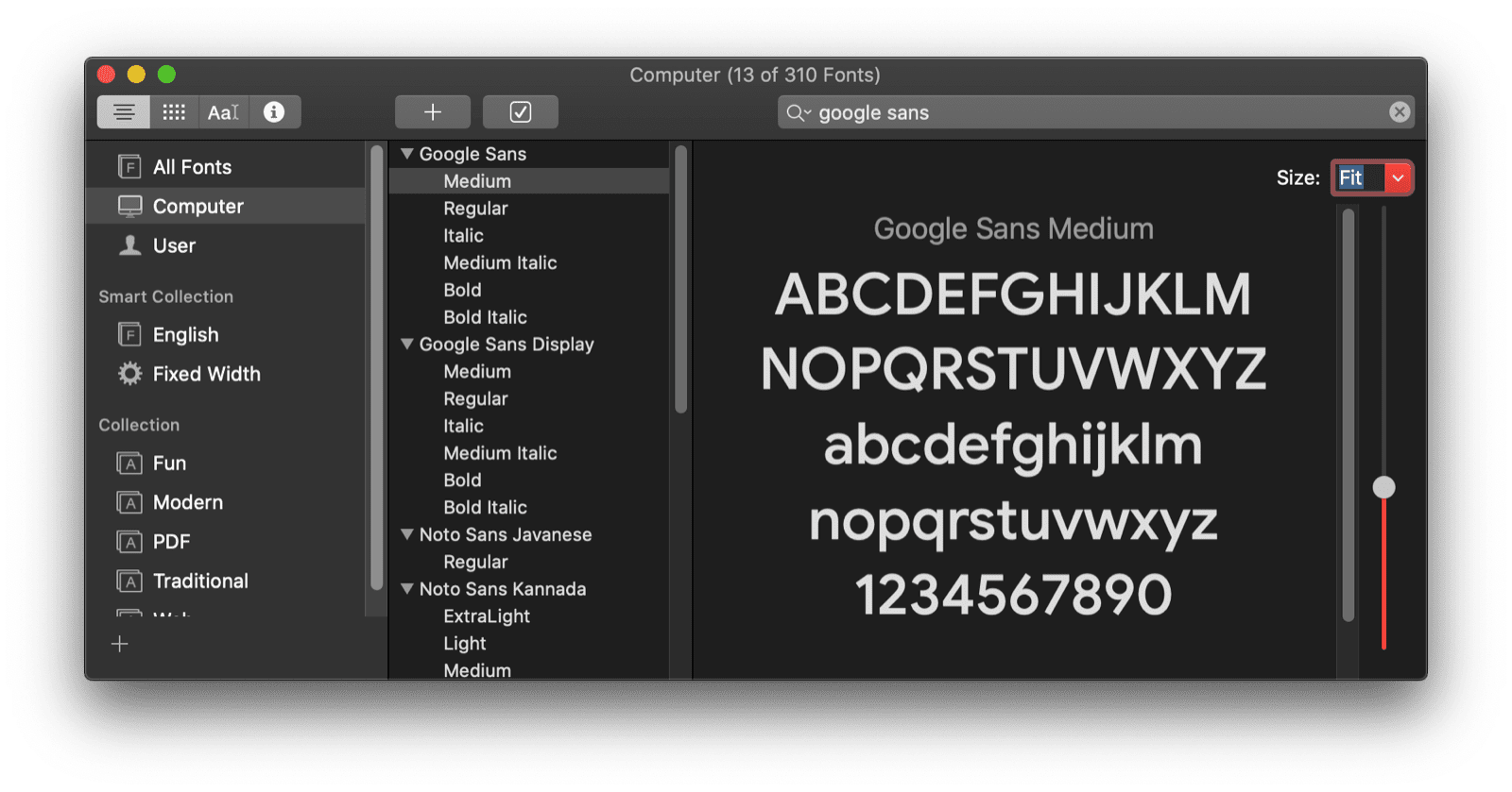 تطبيق Font Book على نظام التشغيل macOS يعرض معاينة لخط Google Sans.