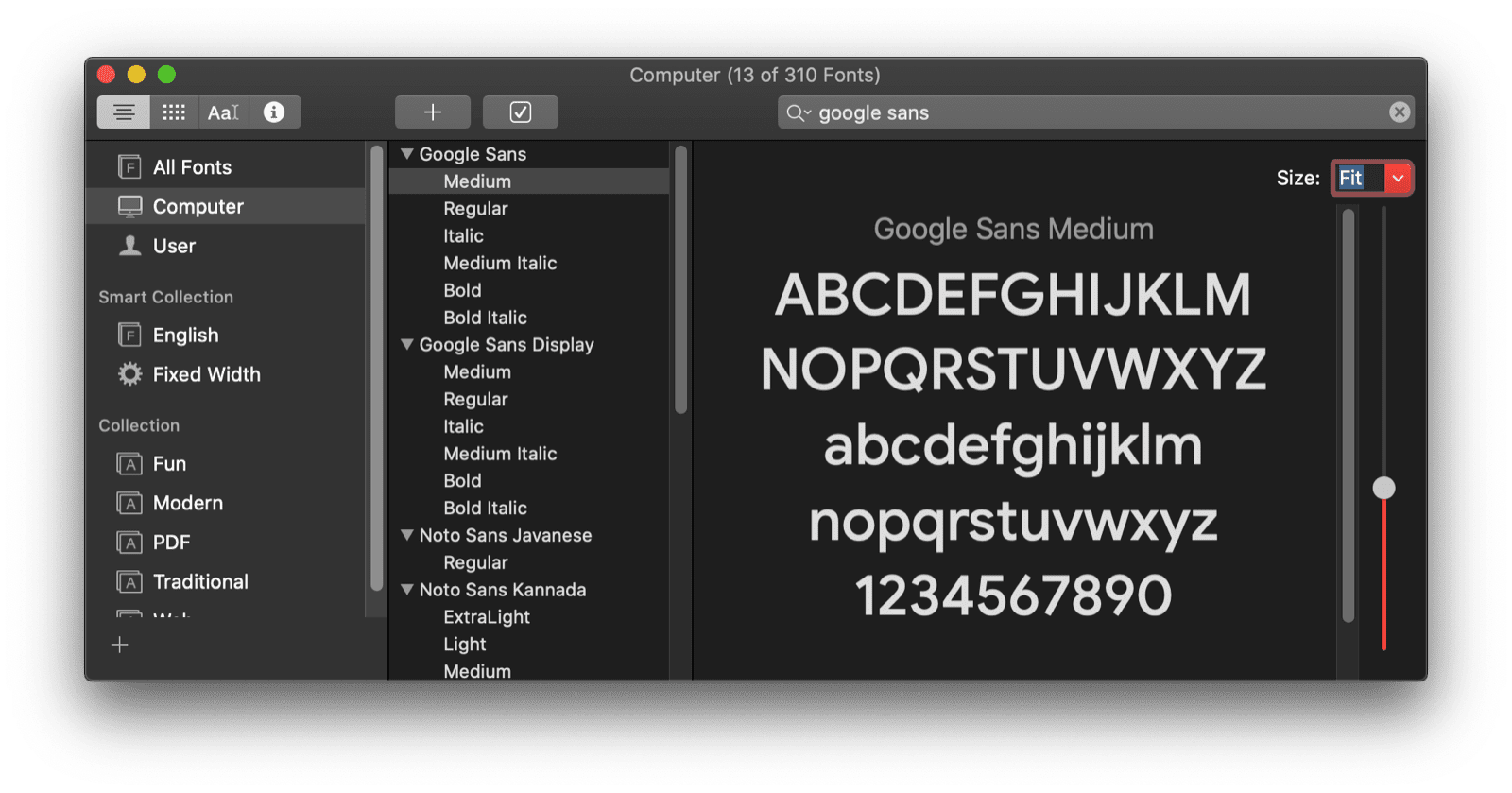 Приложение macOS Font Book показывает предварительный просмотр шрифта Google Sans.