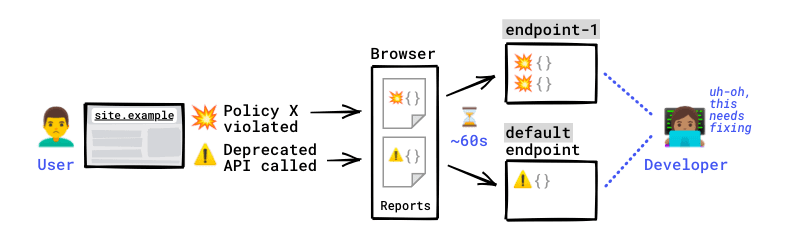 Diagram summarizing the steps below, from report generation to report access by the developer