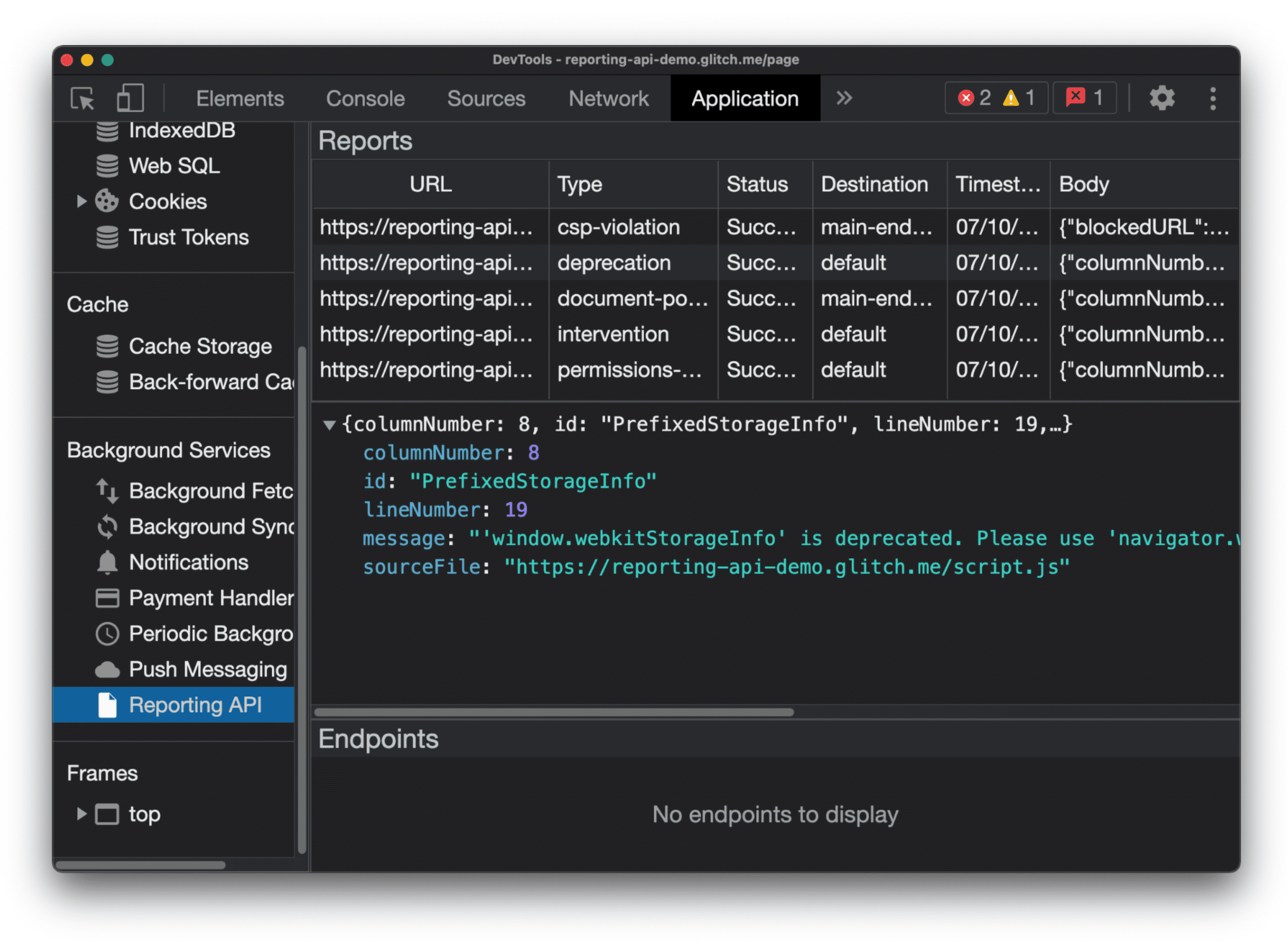 اسکرین شات DevTools که گزارش ها را فهرست می کند