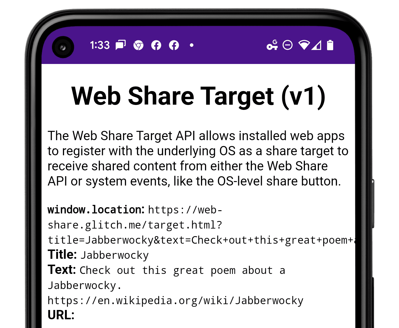 Un teléfono Android muestra la app de demostración con contenido compartido.