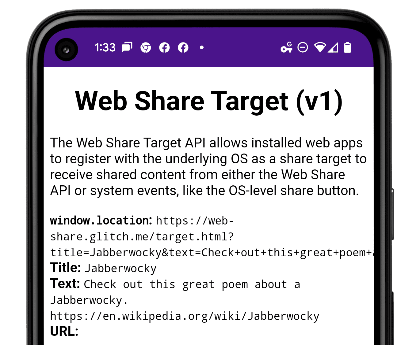 Uno smartphone Android che mostra l'app di demo con i contenuti condivisi.