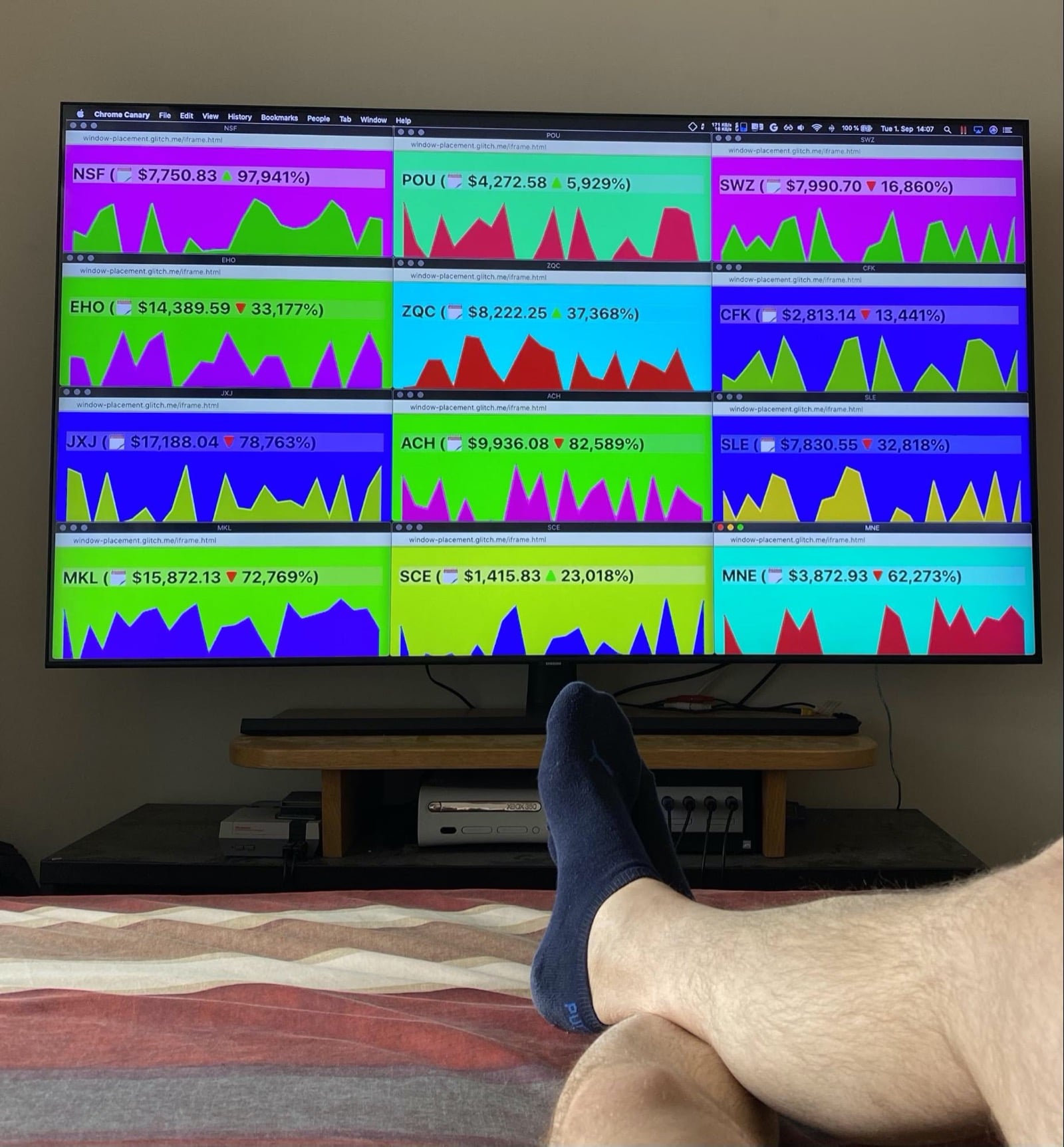 Enorme schermo televisivo in fondo a un letto con le gambe dell&#39;autore parzialmente visibili. Sullo schermo è mostrato un trading desk di criptovalute. 