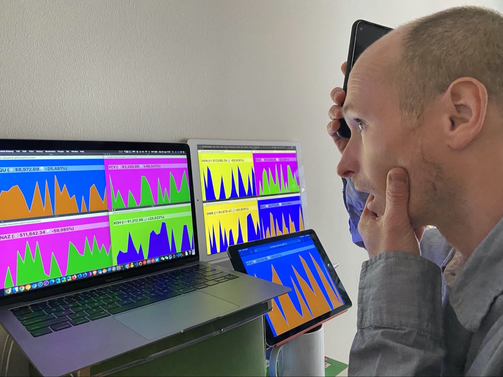 L&#39;autore con le mani sul viso in preda al panico fissa il trading desk di criptovalute.