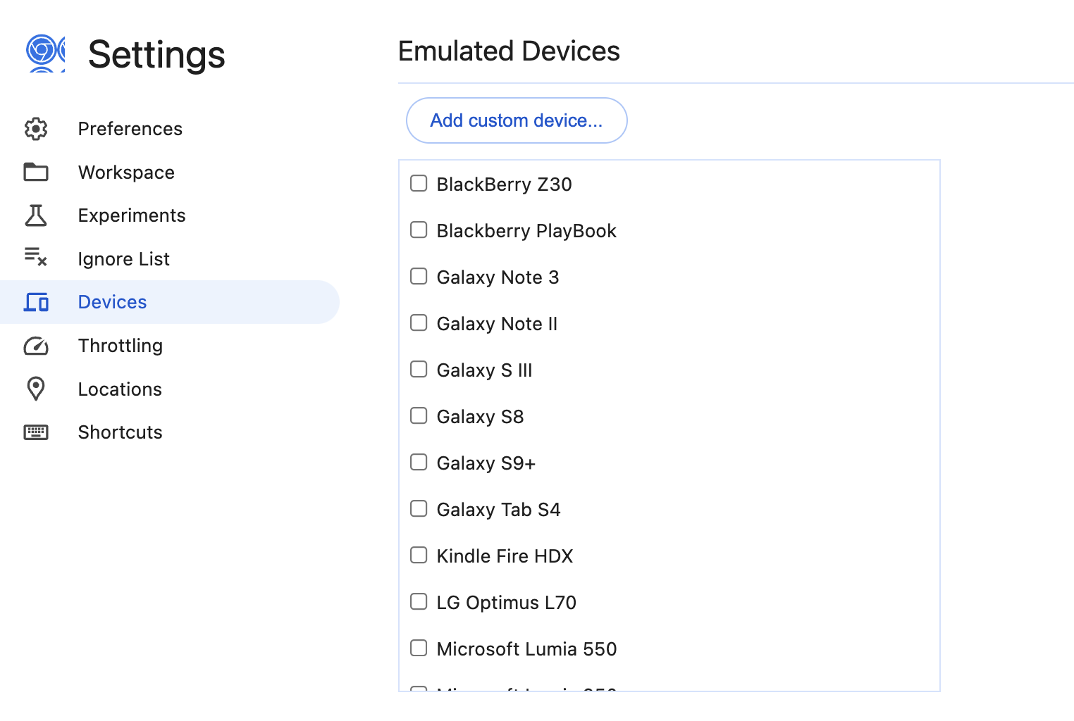 Captura de pantalla del parámetro de configuración Dispositivos