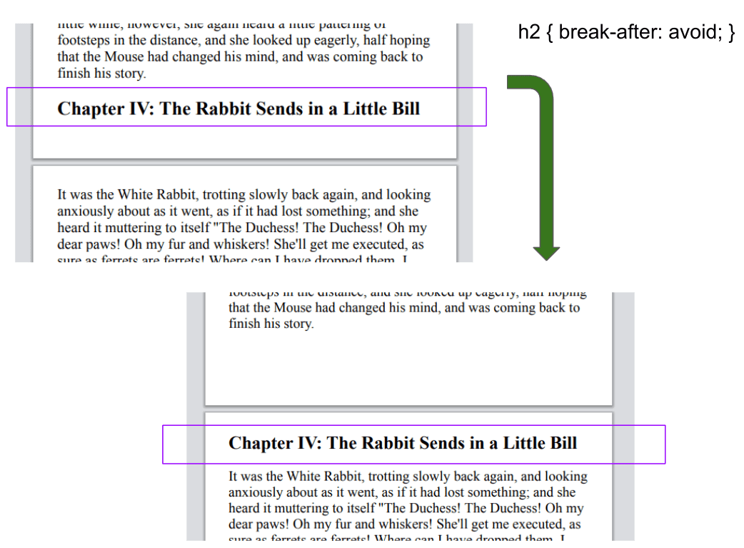 The first example shows a heading at the bottom of the page, the second shows it at the top of the following page with its associated content.