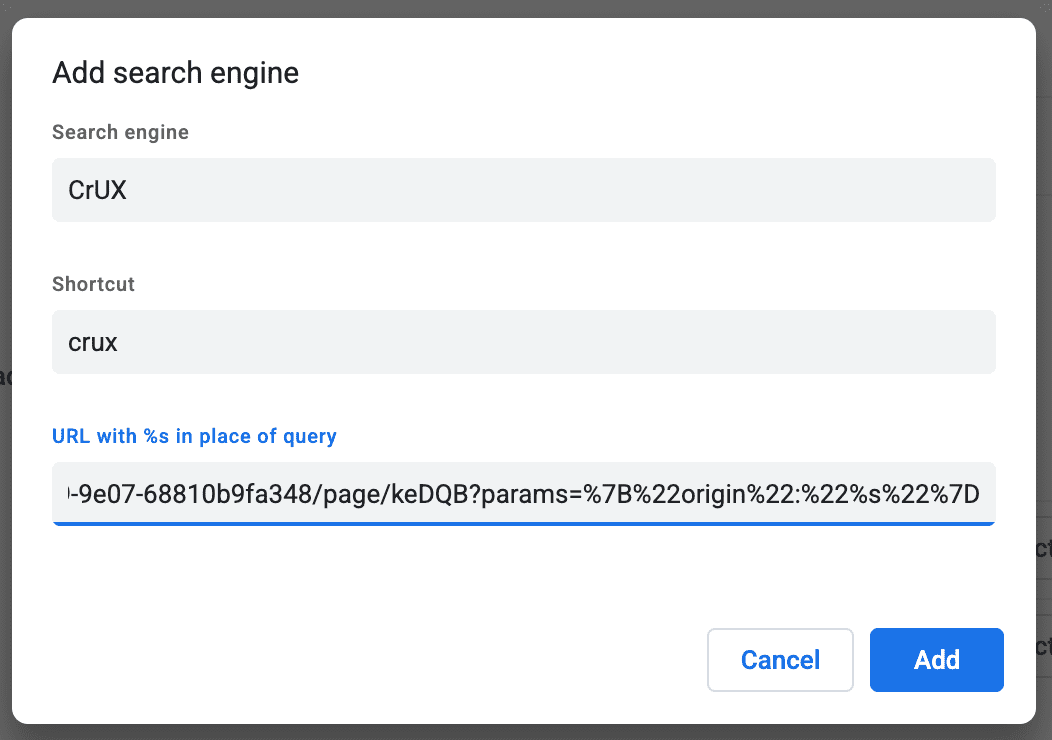 Chrome 'Add search engine' dialog with three fields: the search engine name, the shortcut, and the URL with %s in place of the query.