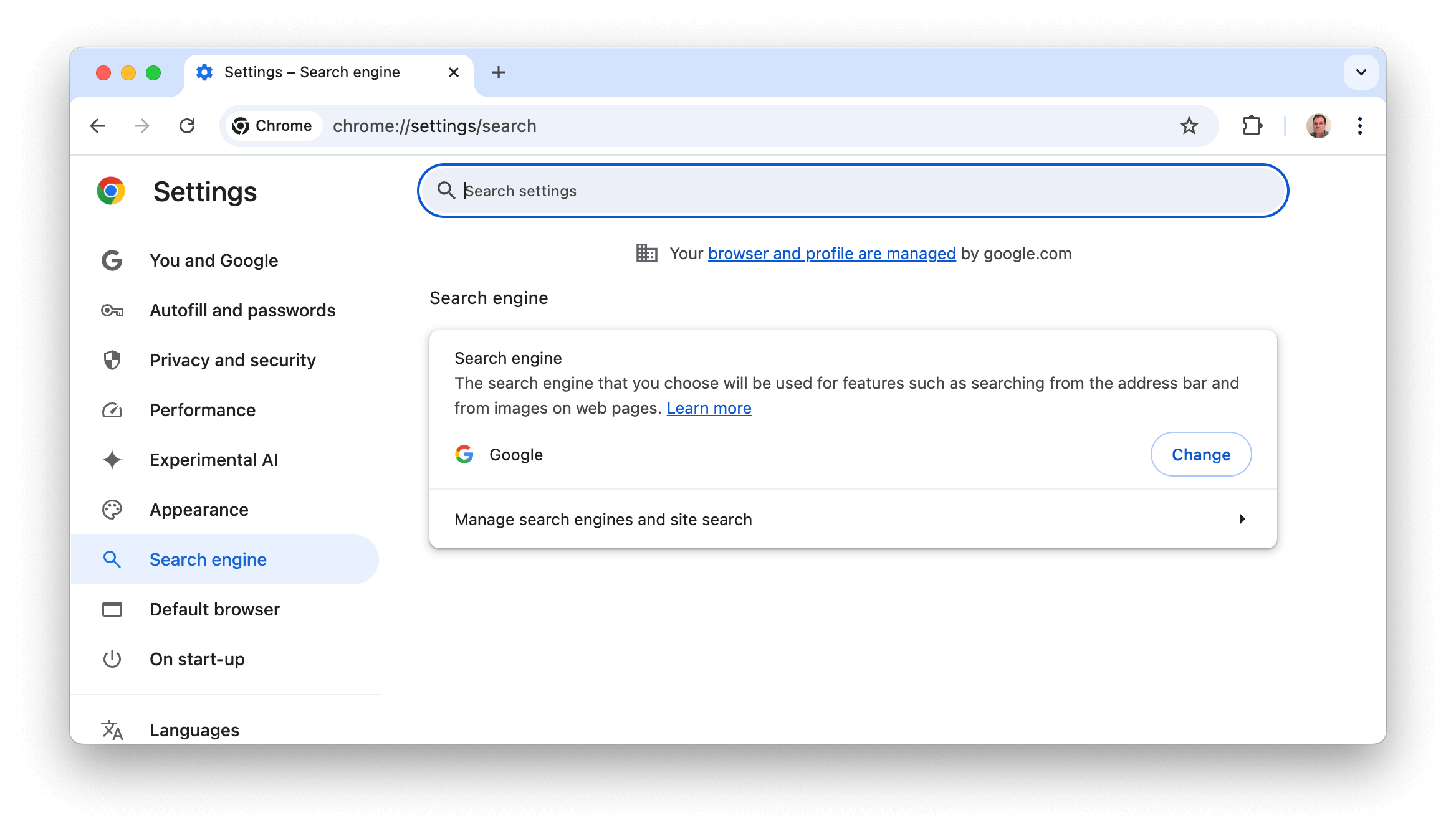 Chrome-Einstellungen für die Seite „Suchmaschinen“, auf der Sie „Suchmaschinen und die Websitesuche verwalten“ auswählen können