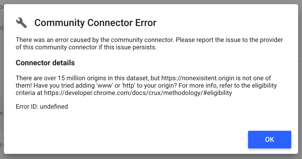 Screenshot of a popup error message saying, amongst other error messages, 'There are over 15 million origins in this dataset, but https://doesnotexist.origin is not one of them'